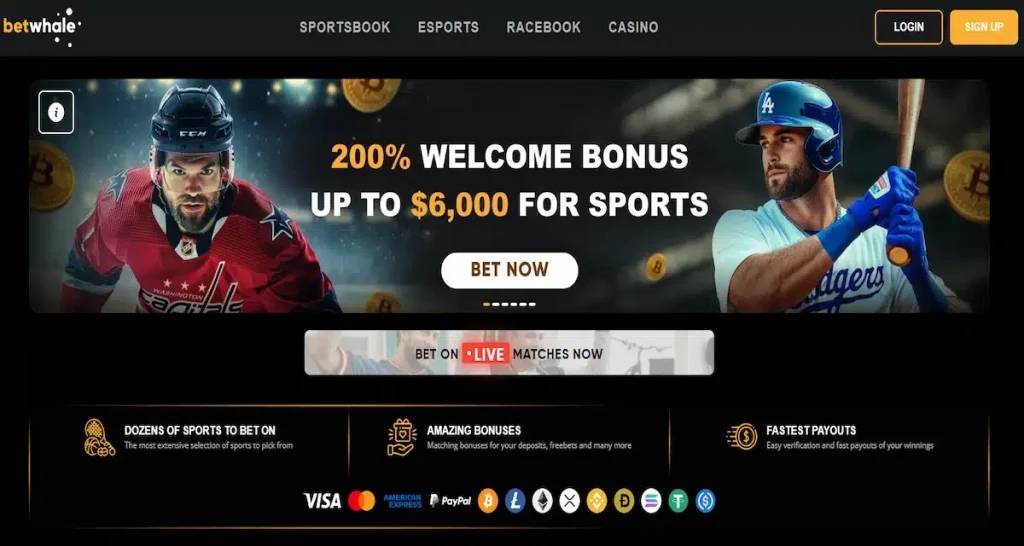 BetWhale sportsbook interface with live streaming and crypto betting options for California players.